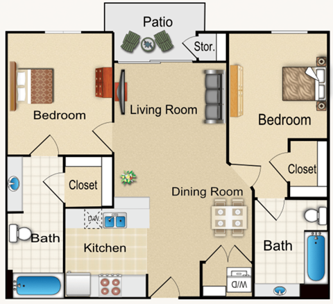 Floor plan for 2 beds, 2 baths, 980 sqft